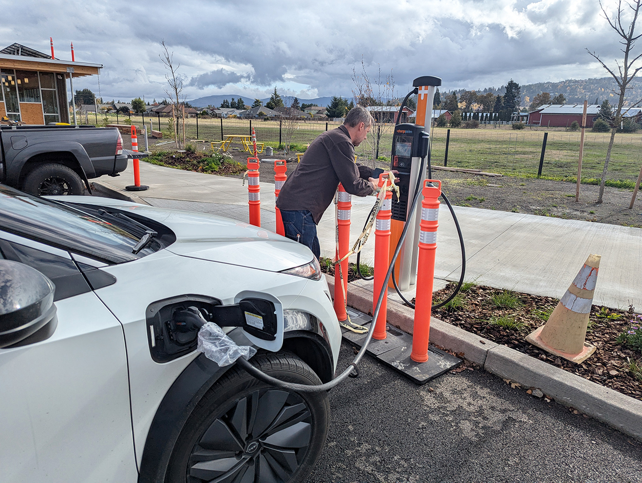 NOLS Facilities staff test the building’s electric vehicle (EV) chargers.