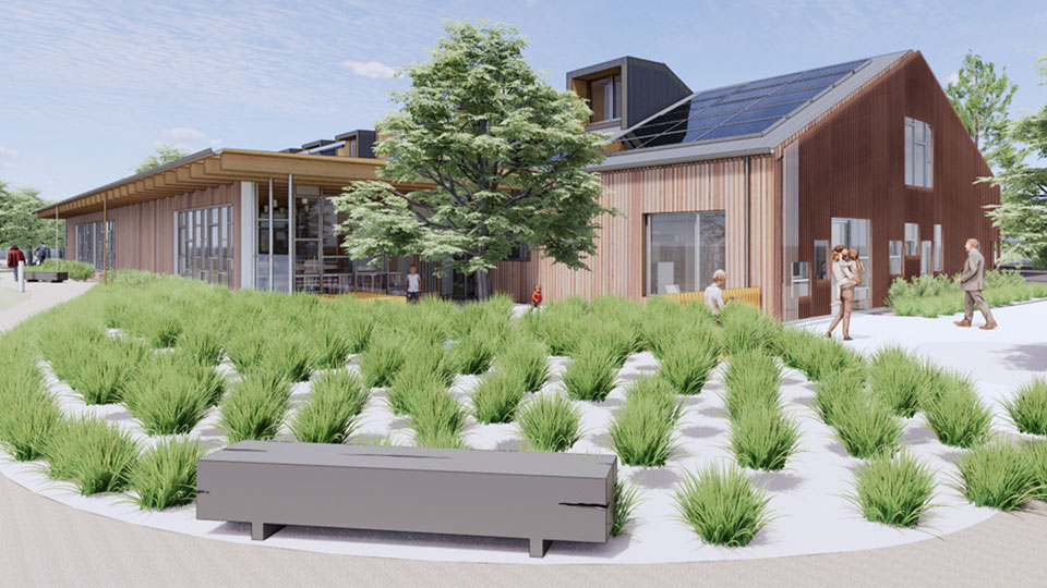 Architectural rendering of the cedar sunshade on the back wall of the Sequim Library.