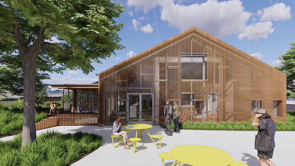 Architectural rendering of the cedar sunshade on the back wall of the Sequim Library.